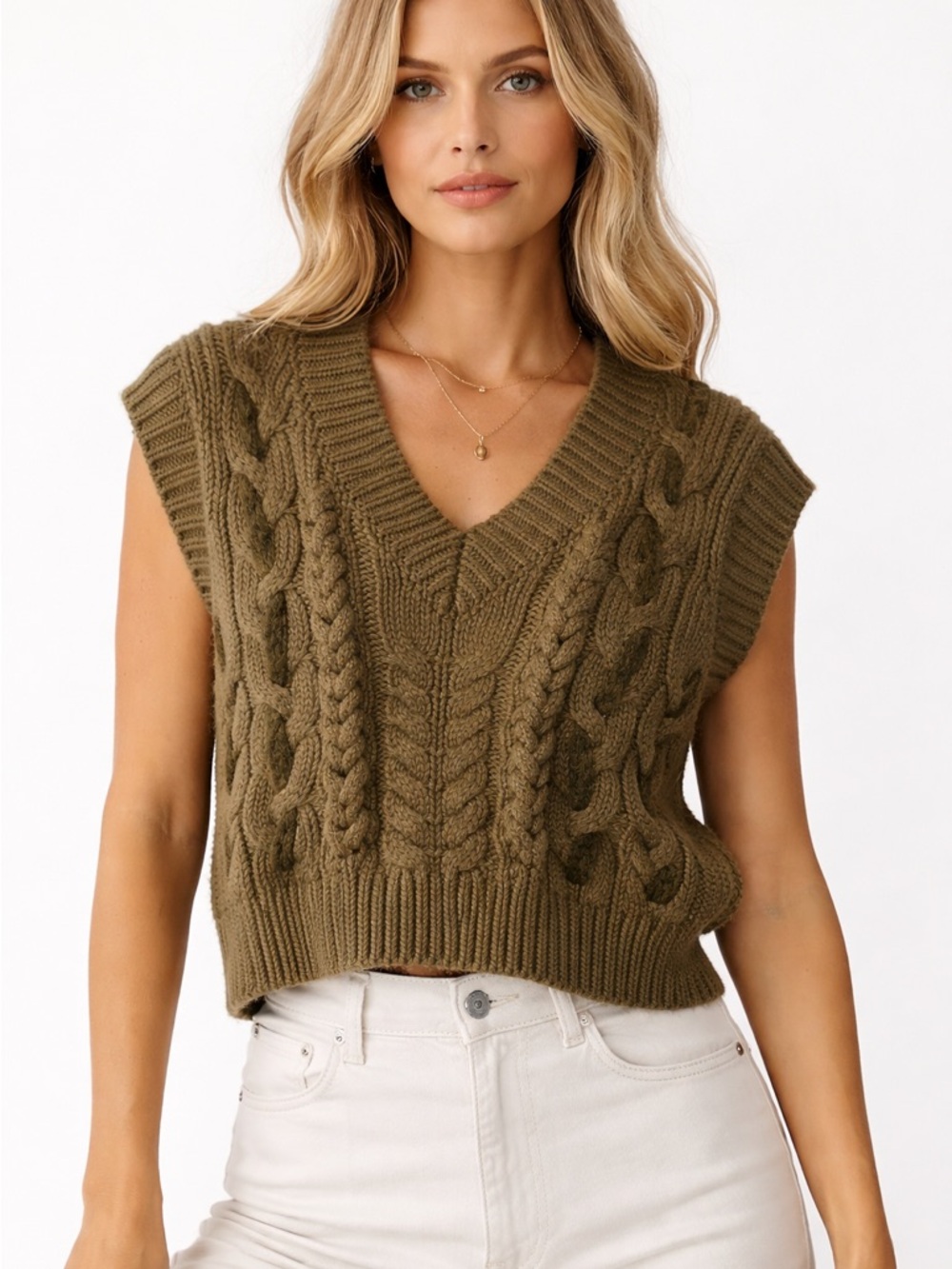 ZARA chunky Olive green Cable Knit V-Neck Sleeveless Sweater Vest womens S